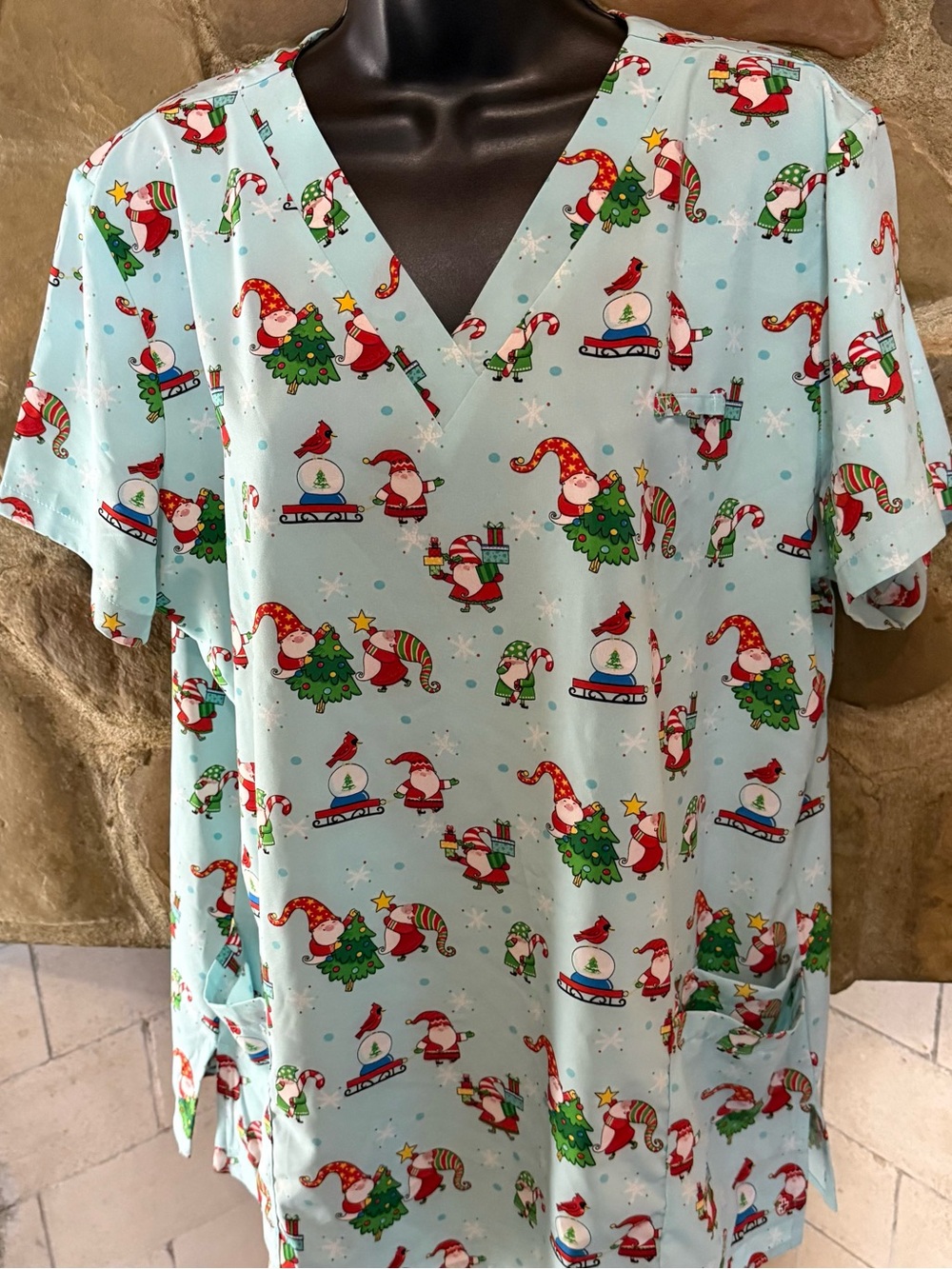 Ladies Christmas Themed Scrub Top Light Blue Red Holiday Cardinal Santa